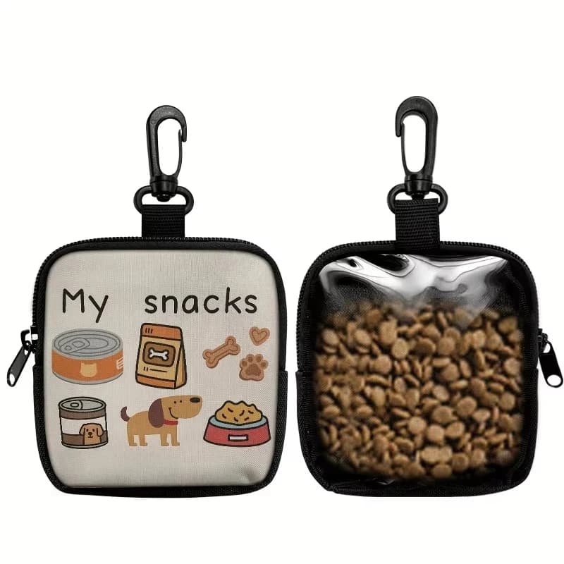 Portable Dog Treat Pouch with Hook, Transparent Window & Dog Print, Multi-Functional Zipper Closure Pet Snack Bag