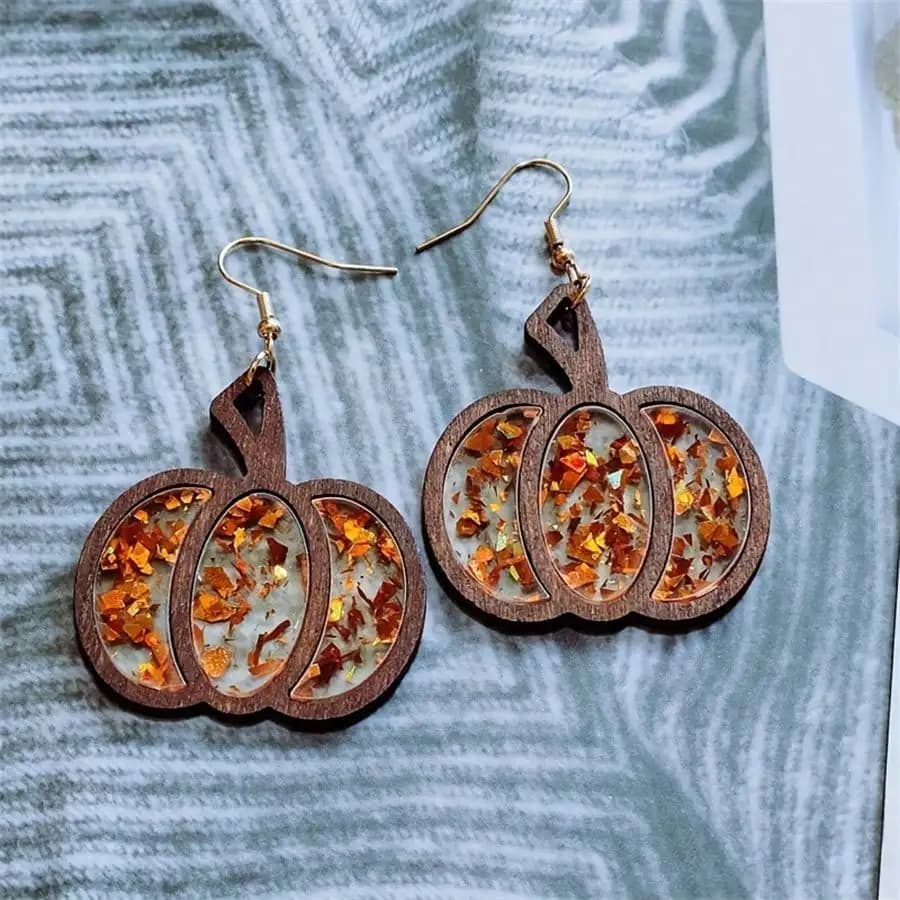 Orecchini Pendenti in Legno a Forma di Zucca con Glitter, Gioielli per Halloween e Ringraziamento