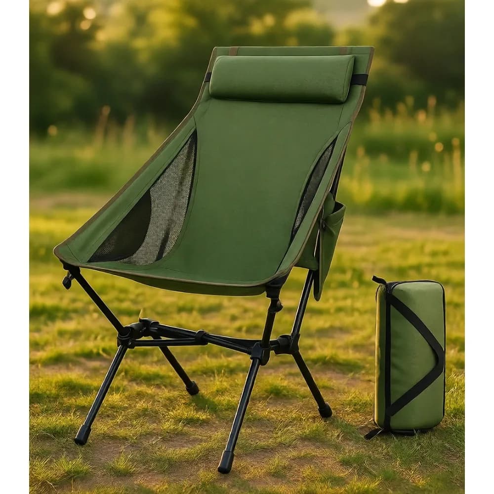 Sedia da campeggio pieghevole portatile con schienale alto, supporta 200 kg con cuscino rimovibile per viaggi all'aperto