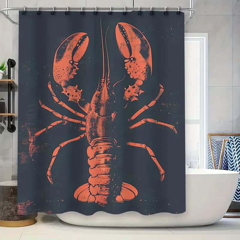Elegante tenda da doccia con stampa di aragoste in tessuto blu scuro per decorazioni da bagno.