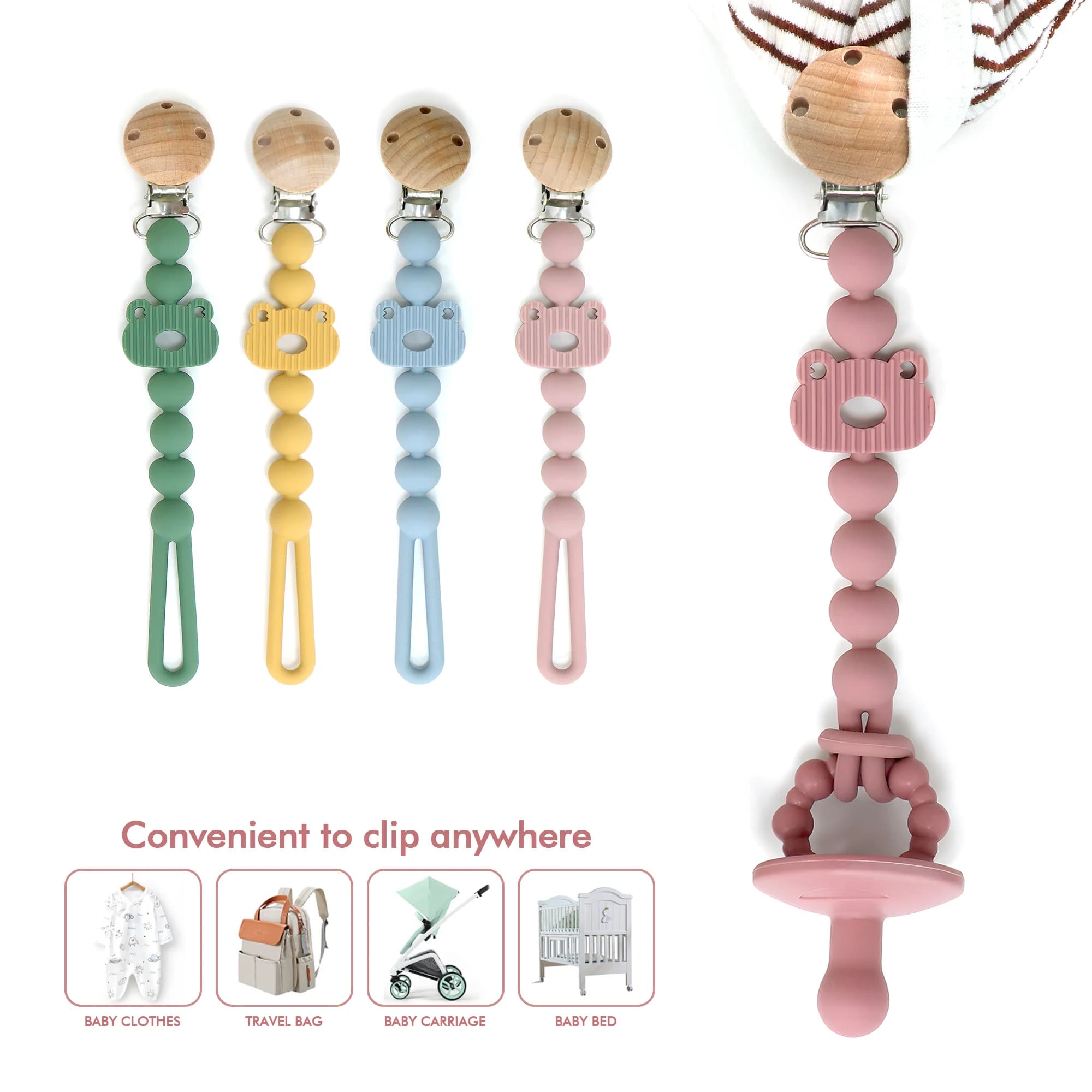 Porta ciuccio in silicone con design in un unico pezzo, clip Binky morbide e flessibili Forma di rana carina per neonato e ragazza (6M+)