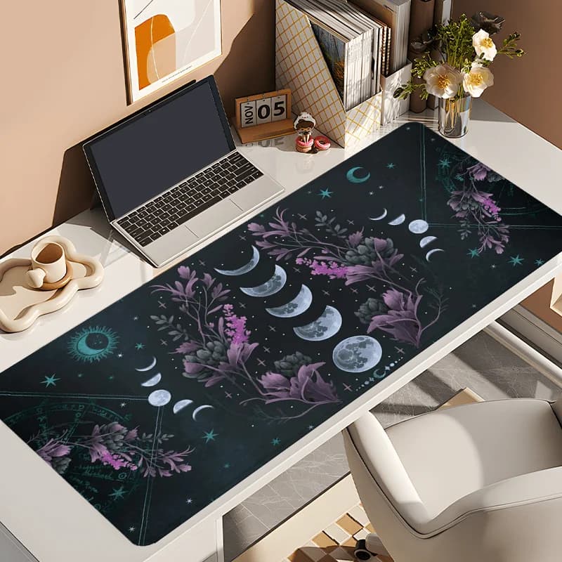 Tappetino per mouse grande con fasi lunari mistiche e design floreale - Tappetino da scrivania antiscivolo con bordo cucito per giochi e uso in ufficio, 79,76x39,88 cm