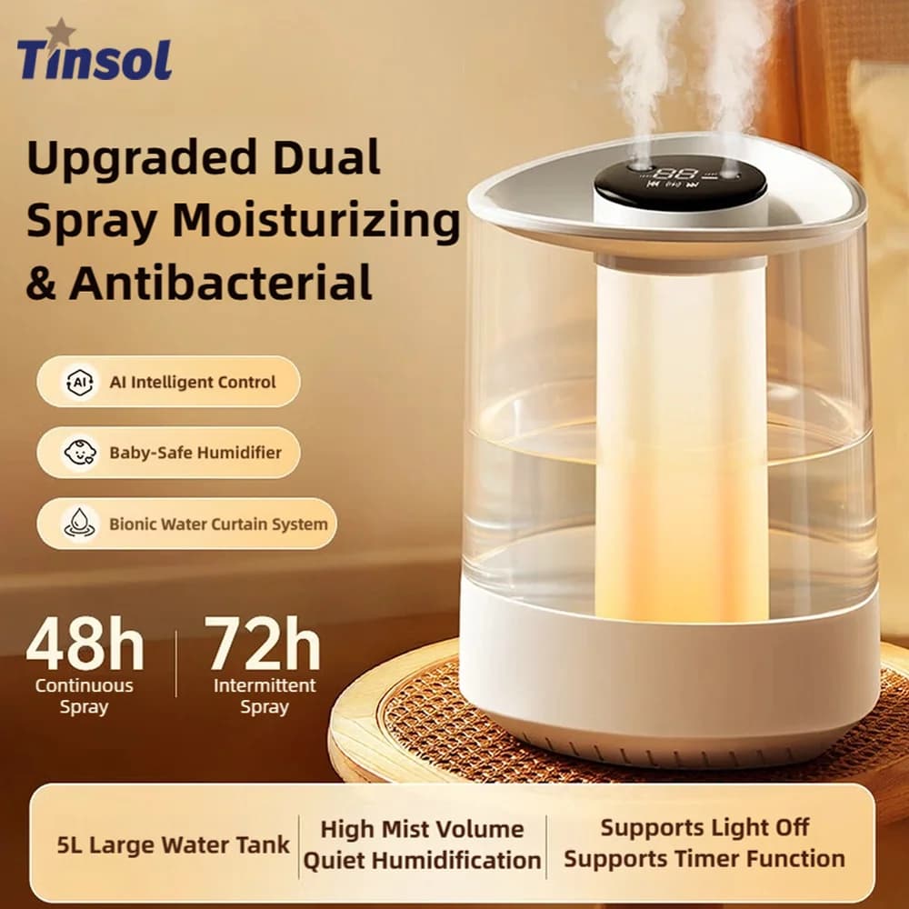 TINSOL 5L Smart Humidifier Home Quiet Nano Dual-Nozzle Spray Air Purifier Suitable for Pregnant Women and Babies