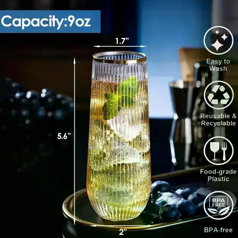 Plastic Transparent Ribbed Wine Glasses Disposable Stemless Wine Glasses Plastic Cocktail Glasses For Party Unbreakable 1/5 Pcs