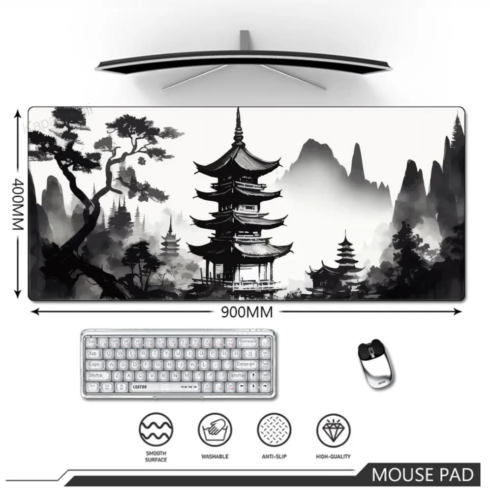 Laptop Gamer Mousepad Gaming Mountain Serenity Mouse Pad Tappeto grande Bordo di bloccaggio Tastiera 100x50 cm Tappetino da scrivania in bianco e nero
