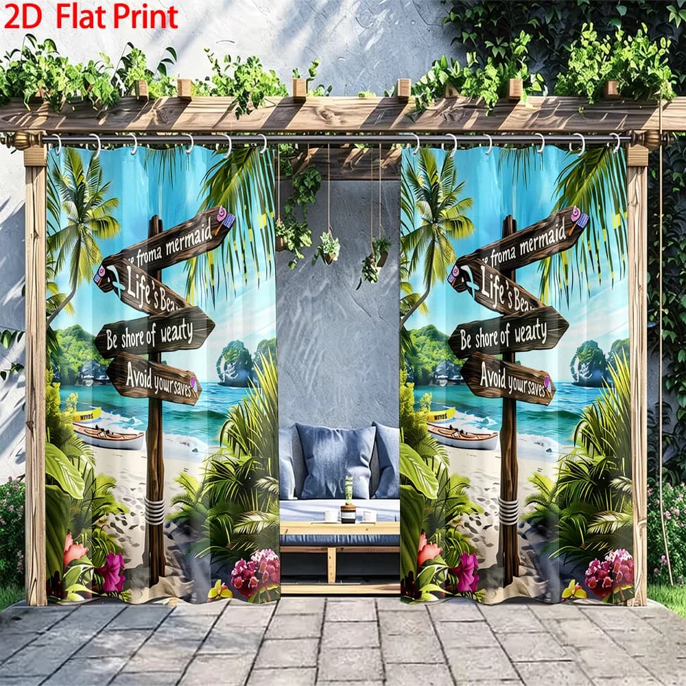 1PC/2PC outdoor window shade including hooks; featuring tropical beach sign and palm tree print; machine washable; ideal for pat