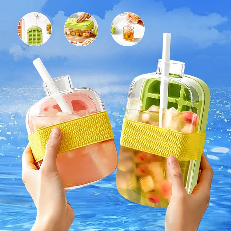 Vassoio per cubetti di ghiaccio in silicone con coperchio e stampo per cannuccia - NO TOUCH Congelatore Macchina per il ghiaccio Bottiglia per bevande ghiacciate Tazza per bevande all'aperto in silicone
