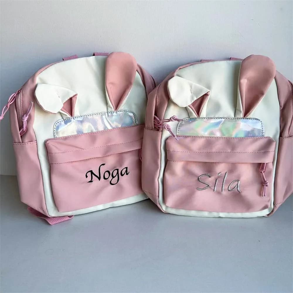 Embroidered Little Boy and Girl Rabbit Ear Backpack - Custom Children's Day Christmas Gift, Personalized Kindergarten Backpack