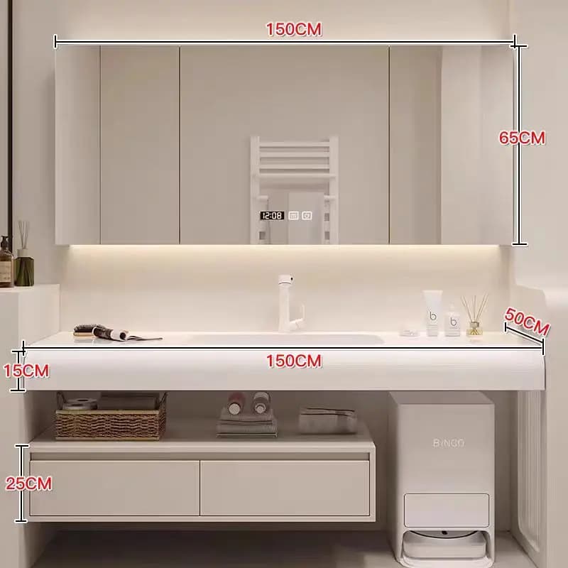 Mobile bagno con sensore, lavabo e specchio integrati, lavabo ad arco