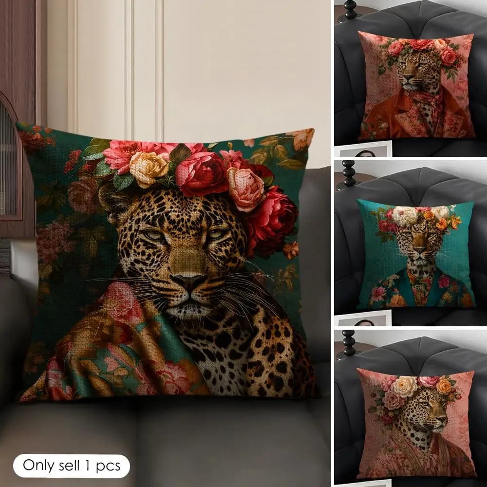Floral Leopard Print Cushion Cover Natural Linen Organic Fabric Double Sided Print Sofa Pillow Case Home Decor Gift