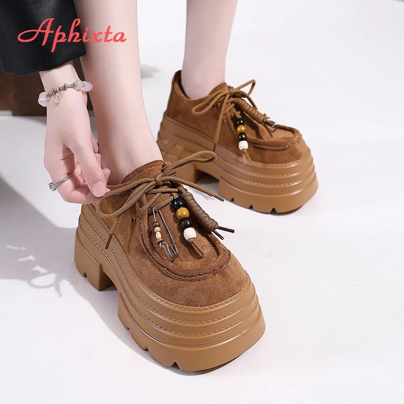 Aphixta Pelle scamosciata Frangia superiore Dec Stivaletti da donna 10 cm Tacchi alti Piattaforma Scarpe da donna Tacco grosso Stringate Scarpe da donna alla moda