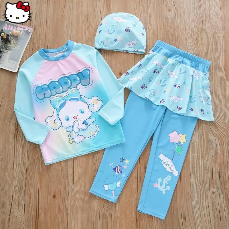 Set di 3 costumi da bagno Cinnamoroll per ragazze, con personaggi dei cartoni animati, Kuromi, nuovo set di costumi da bagno Kawaii a maniche lunghe, protezione solare da spiaggia, ad asciugatura rapida.