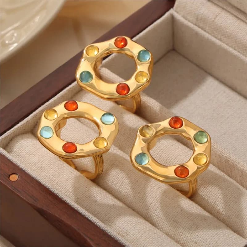 Hexagonal Inlaid Colourful Beads Adjustable Rings For Women Stainless Steel Gold Color Women's Opening Ring Luxury Jewelry Woman
