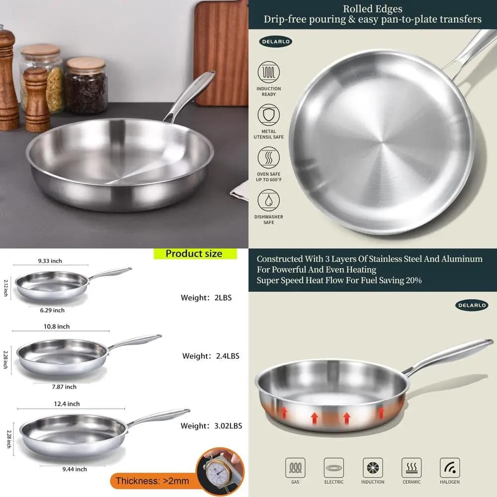 Set of triple layer stainless steel pans, 8-12 pieces, for chef, fast heating, compatible with all stoves, ergonomic handles