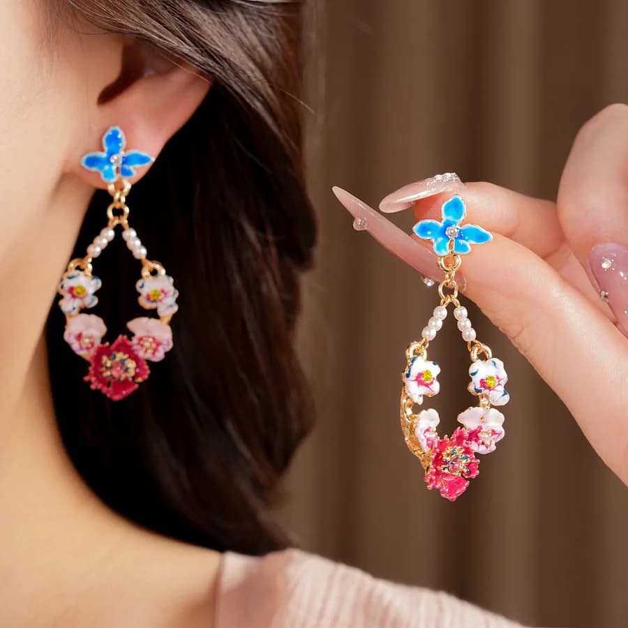 Multi-color Enamel Butterfly Flower Dangle Earrings Women Hollow Out Water Drop Imitation Pearl Dangle Earrings Retro Jewelry K