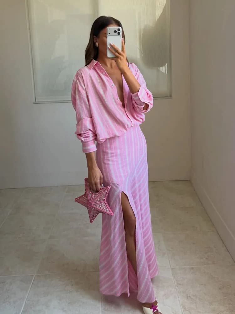 HH 2026 Nuovo Set Donna alla Moda: Camicia a Righe Rosa con Colletto e Maniche Lunghe + Gonna Lunga Plissettata con Zip, 2 Pezzi