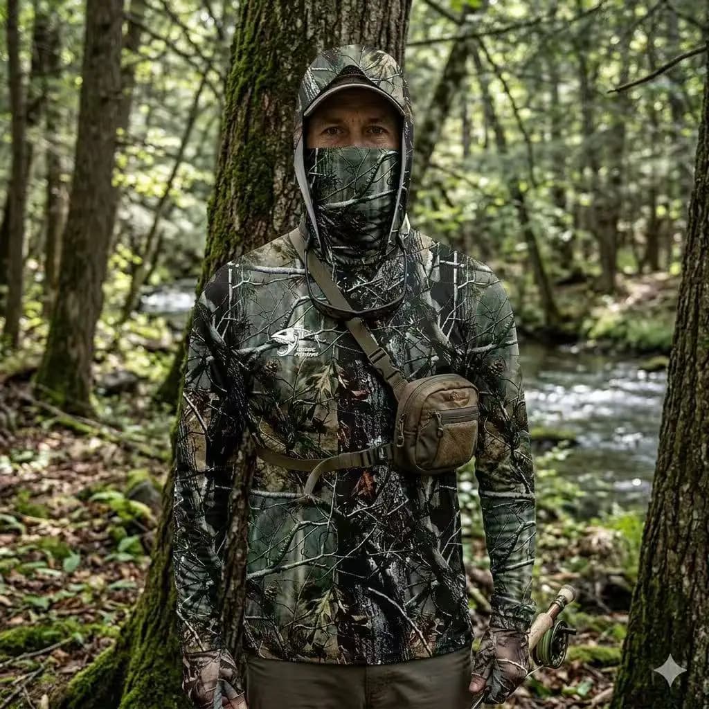 Maglia da Pesca Performance da Uomo a Maniche Lunghe con Cappuccio e Maschera, Abbigliamento da Pesca con Protezione UV, Maglia da Pesca, Maglia da Escursionismo