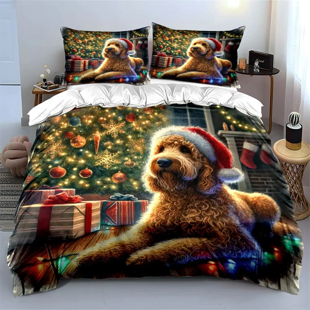 Cozy Christmas scene with dog, tree, and gifts Print Duvet Cover Bedding Set Included 1*Duvet Cover 2*Pillowcases