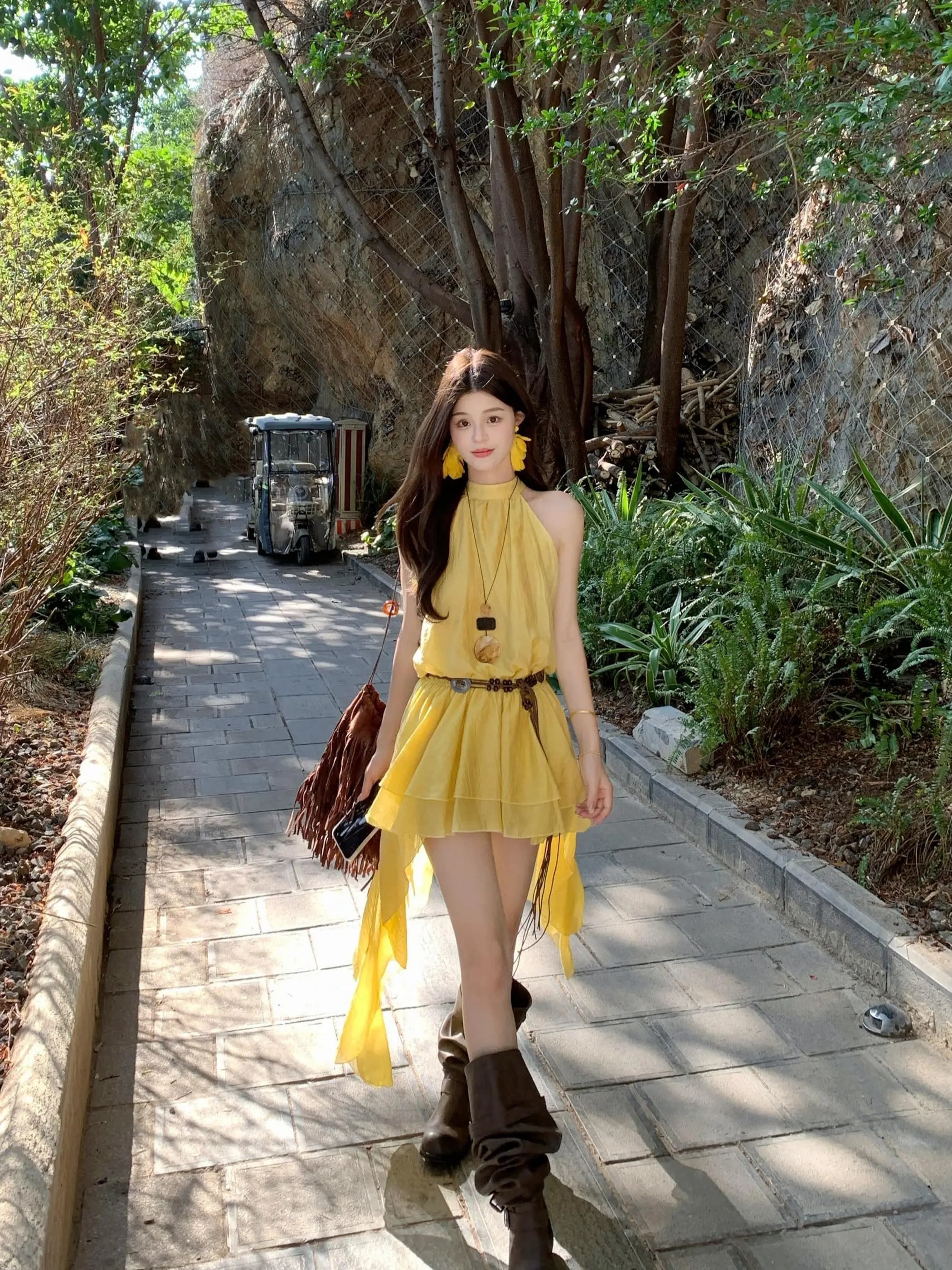 Summer 2026 New Style Korean Version Women's Dress Irregular Neck Hanging Short Skirt Waist Inward Design Beach Holiday Style