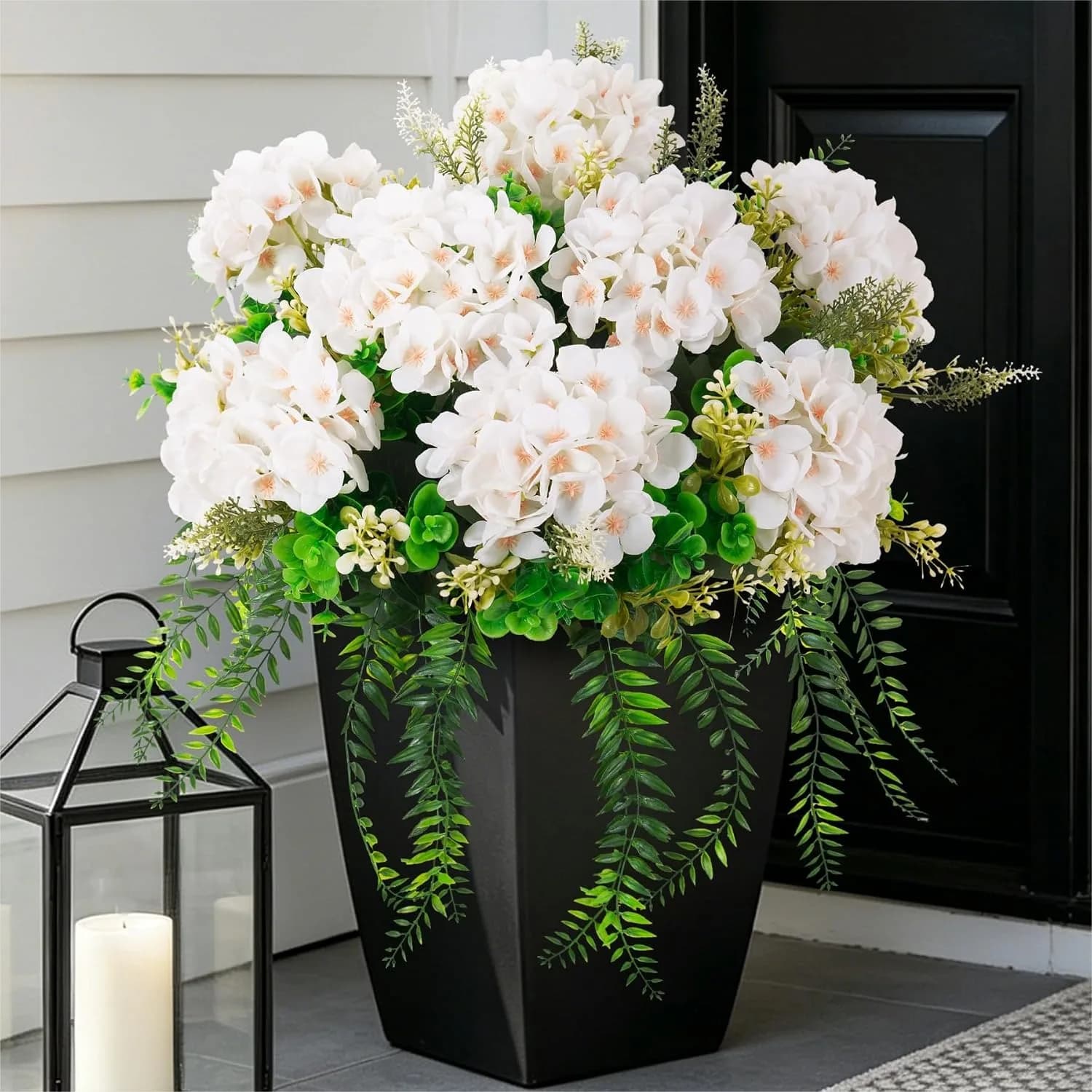 8 Pcs Artificial Hydrangea Flowers Silk White Fake with Eucalyptus for Outdoor Decor UV Resistant Realistic Faux Plants for