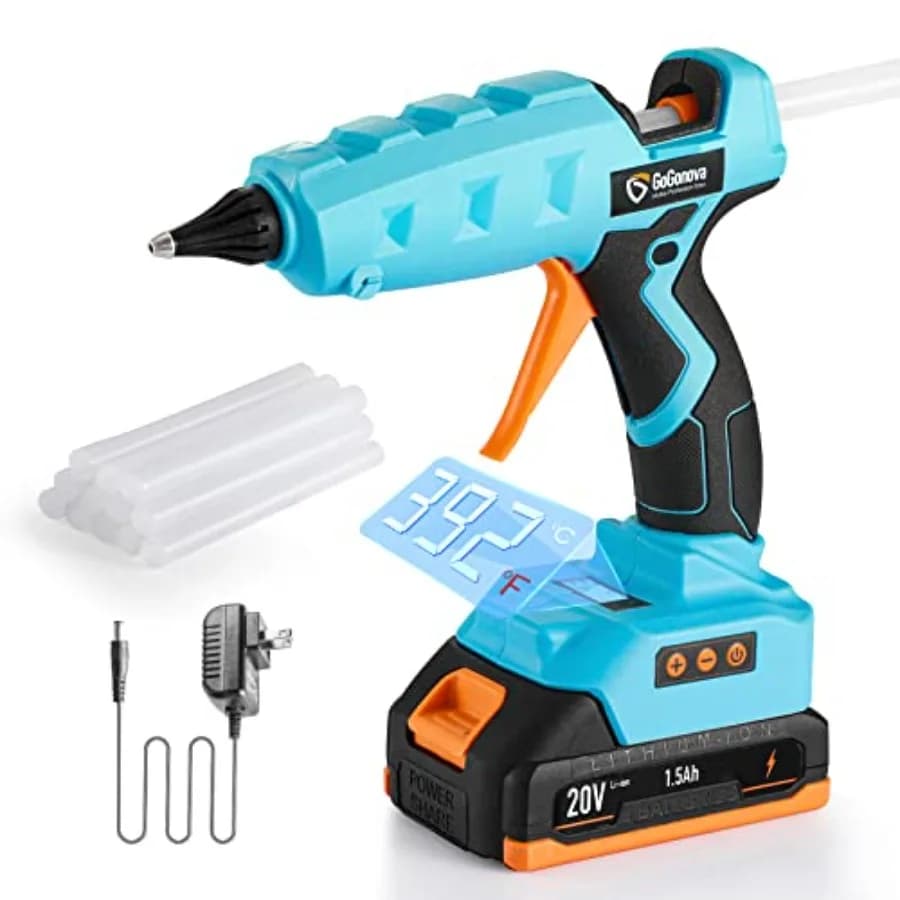 Pistola per colla a caldo senza fili 20V, regolazione temperatura, display LCD digitale, riscaldamento rapido, temperatura doppia precisa, senza gocciolamento, formato completo, per impieghi gravosi