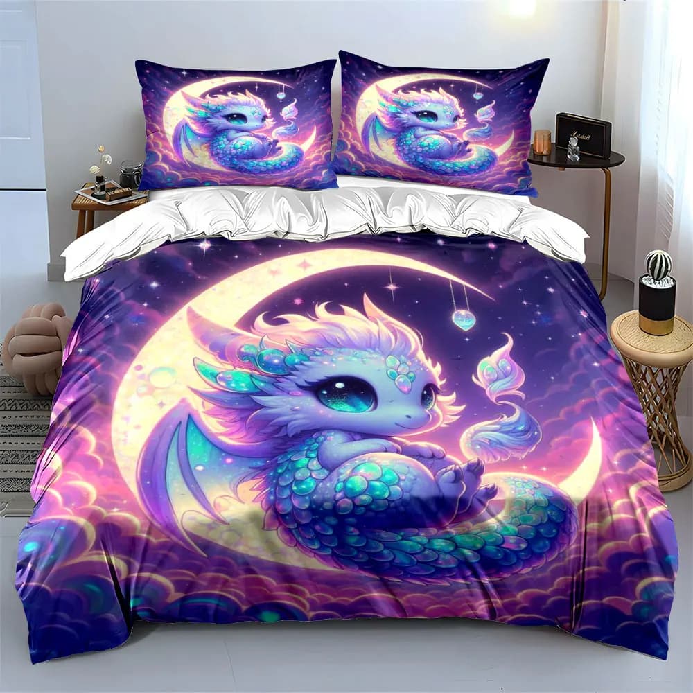 Set Copripiumino con Stampa 3D di Drago e Luna Crescente, Morbido Set di Biancheria da Letto in Poliestere per Tutte le Stagioni