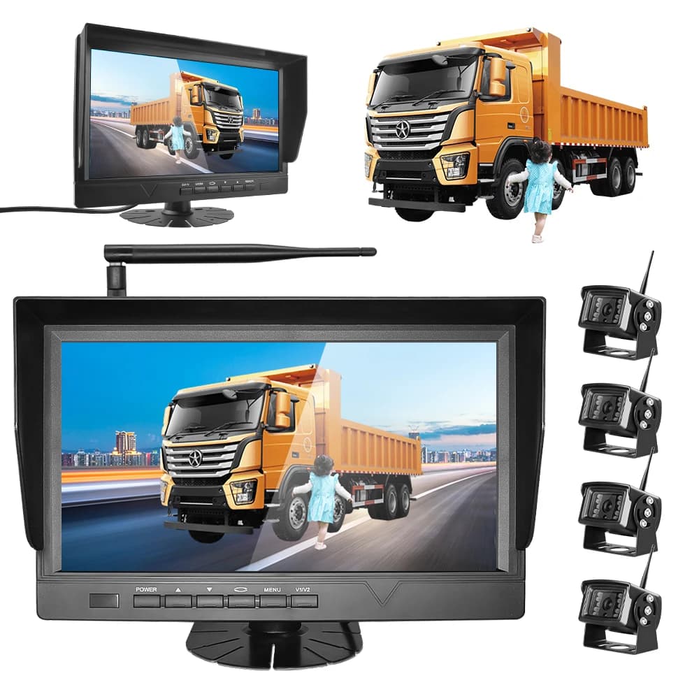 Telecamera da cruscotto AHD a 4 canali da 10 pollici per camion con telecamera di retromarcia, visione notturna impermeabile AI BSD, monitor wireless per caravan/camper/autobus