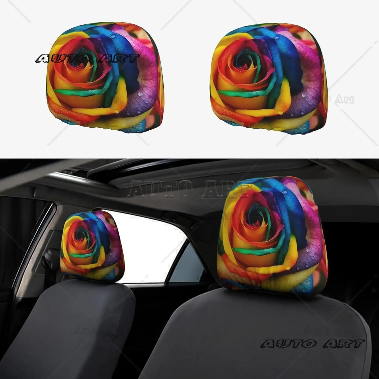 2 parts cover for car seat headrest, universal protection, protection for car headrest, rainbow rose, for automatic front seat headrest decoration