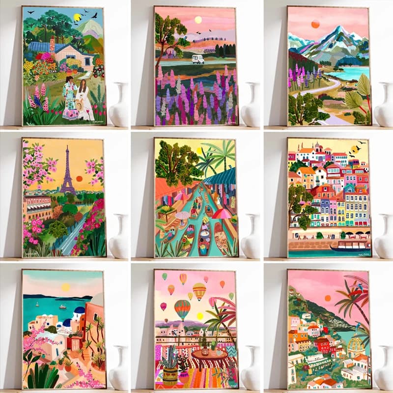 Colorful Travel Mountain City Canvas Painting Posters and Prints Abstract Landscape Wall Art Pictures for Home Living Room De