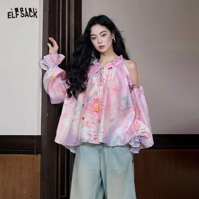 ELFSACK Camicetta viola stile cinese con farfalle, top in chiffon con volant e spalle scoperte, romantica manica a fata orientale
