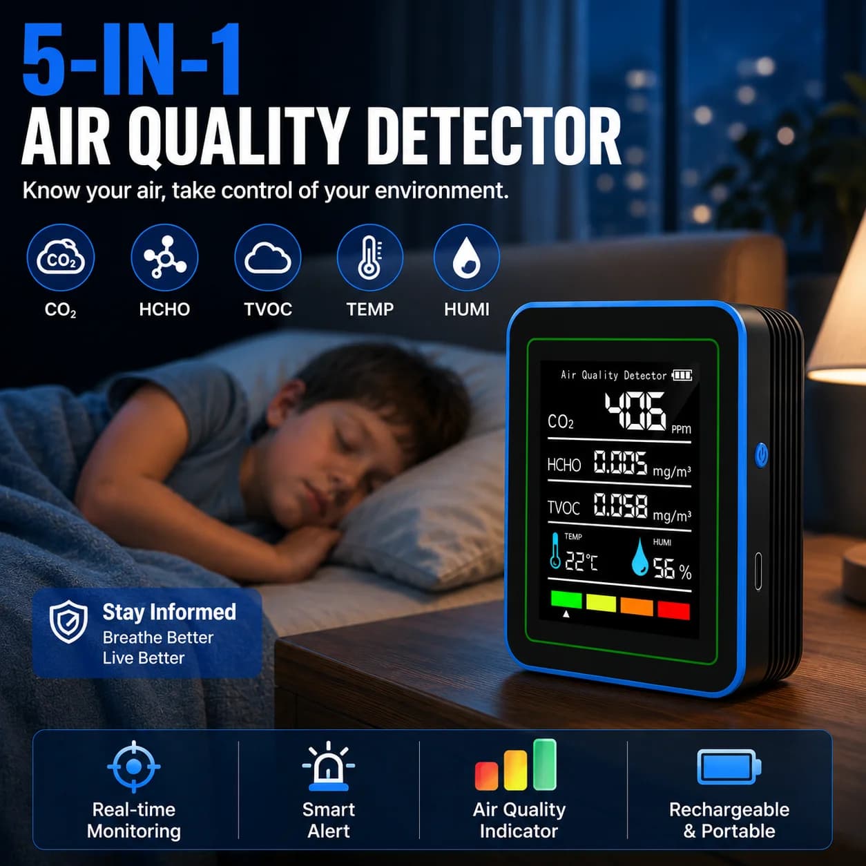 RCXAZ 5 In 1 Air Quality Monitor CO2 HCHO TVOC Detector Digital Temperature Humidity Tester Carbon Dioxide Gas Detector
