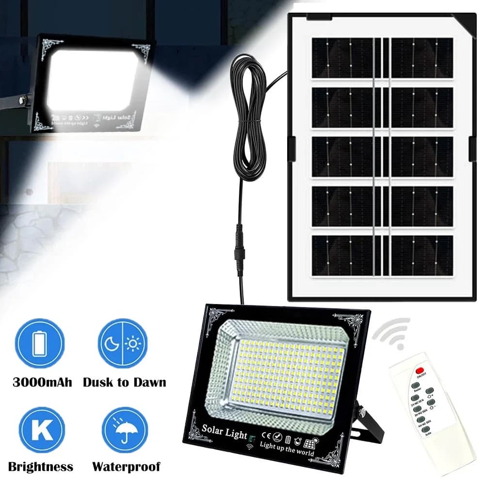 Faro LED Solare da Esterno 500W con Batteria Grande, Pannelli Solari, Telecomando, IP67, Lampada da Parete a Energia Solare per Corridoio e Giardino, per Decorazione