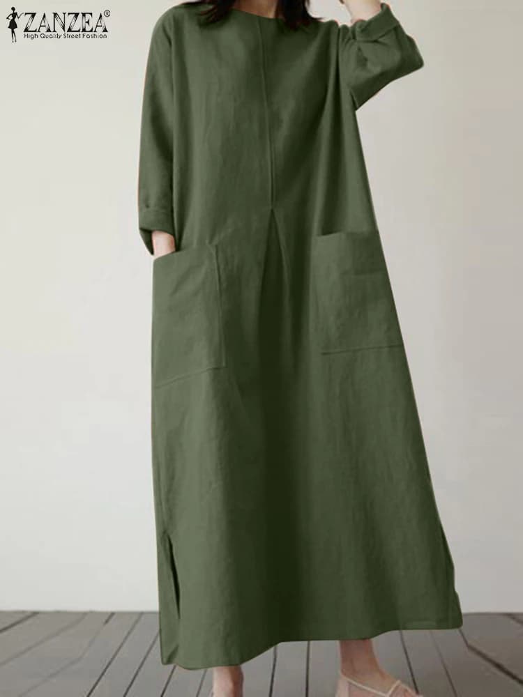 ZANZEA autunno donna elegante vestito o-collo 3/4 maniche abiti solidi femminile oversize abito lungo moda Casual vacanza prendisole