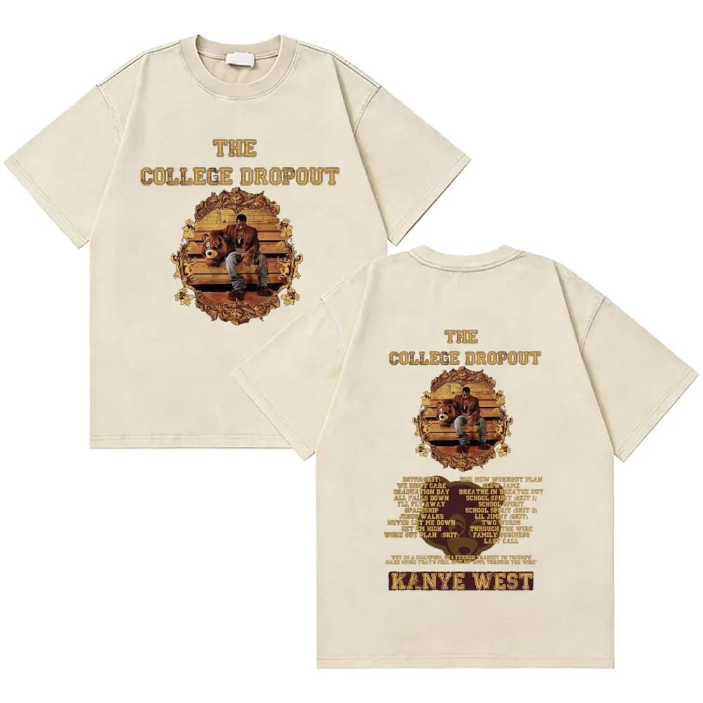 T-shirt vintage lavata con stampa fronte-retro dell'orso di Kanye West The College Dropout, per uomo e donna, moda hip hop, tendenza.
