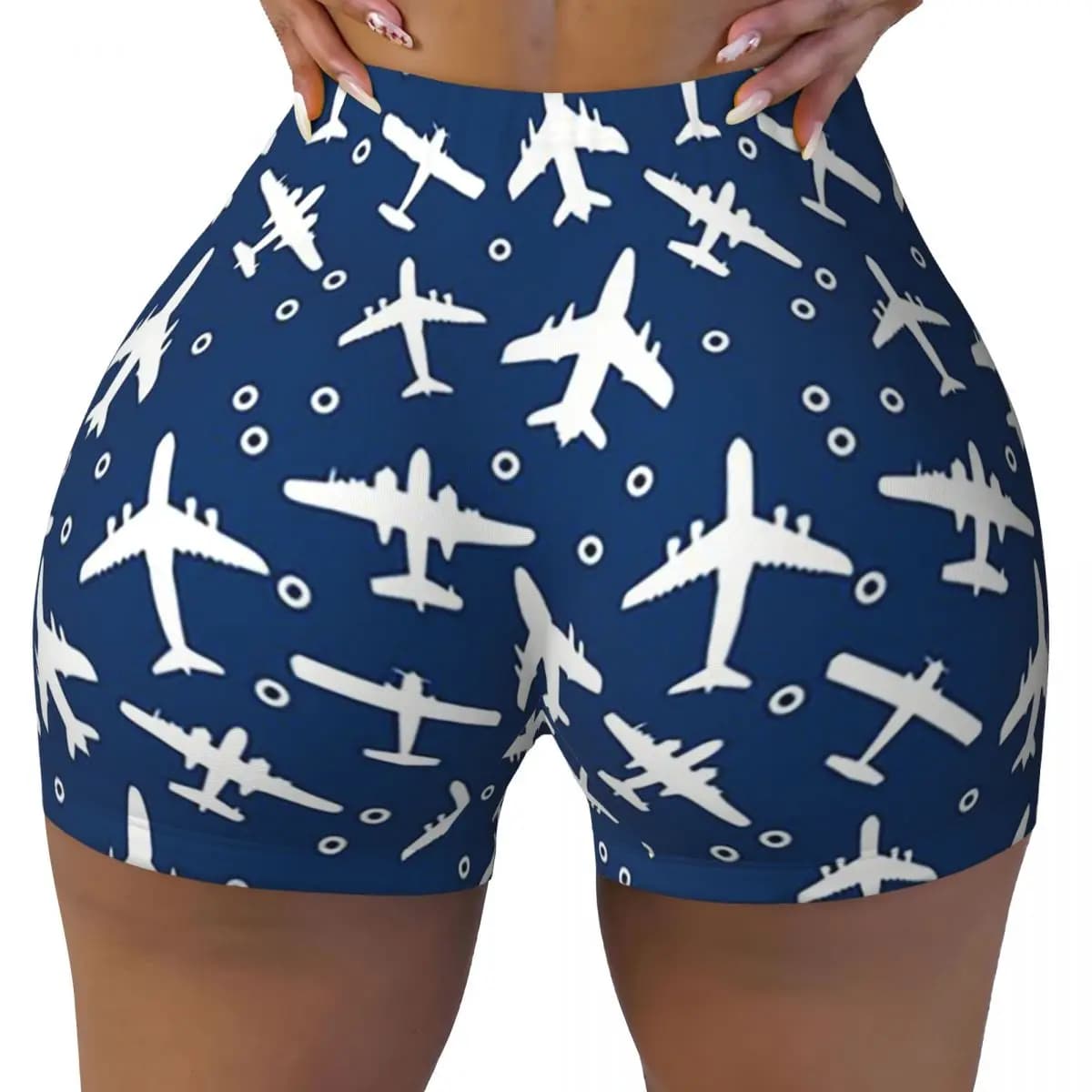 Personalized yoga shorts with pattern silhouette of blue and white airplanes Athletic Volleyball Bike Shorts for training in women's gym