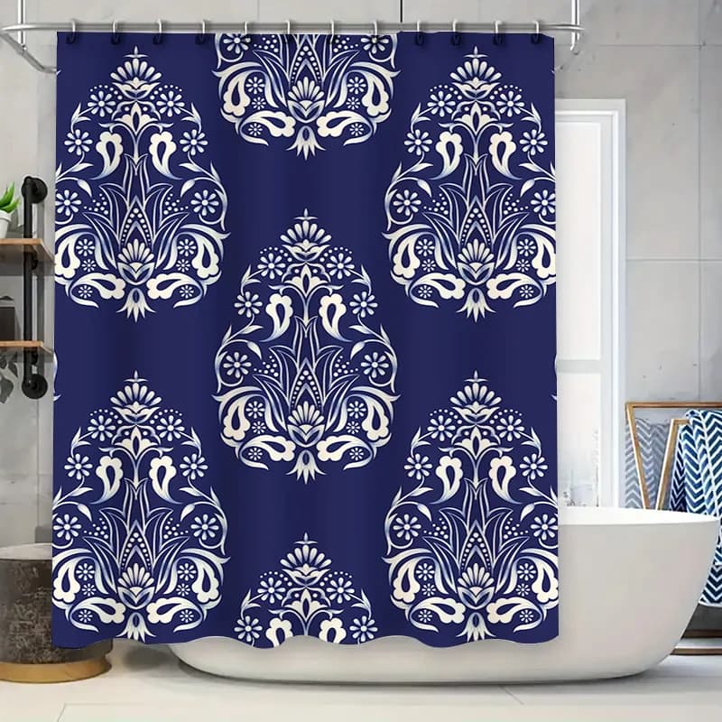 Tenda da doccia blu con motivi floreali bianchi Decorazione da bagno per bagno Tessuto impermeabile lungo 72 (set)