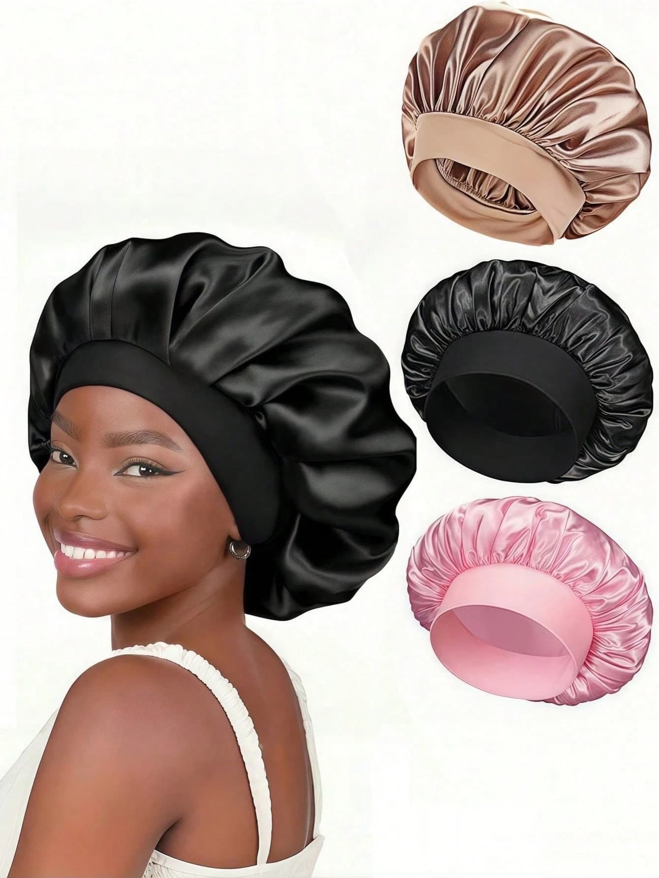 Cuffia in Raso da Donna, Cuffia per Capelli a Tesa Larga Tinta Unita con Fascia Elastica Morbida per la Cura dei Capelli, Cappello da Notte in Seta