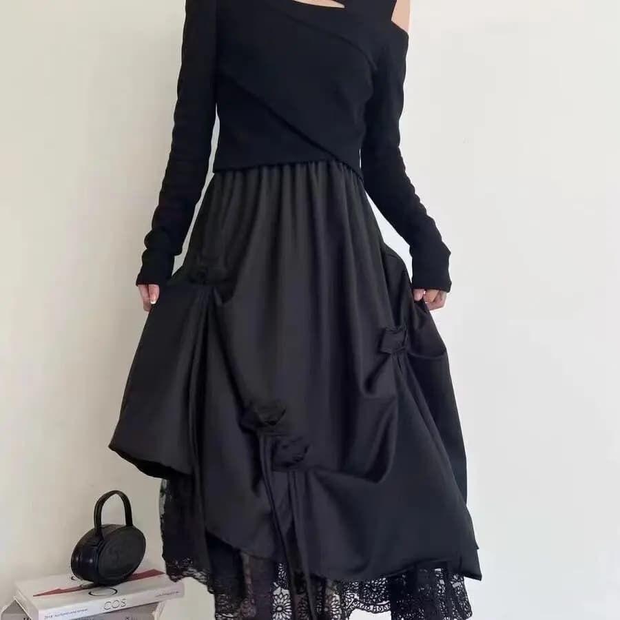 Gonna a Vita Alta con Nodo e Inserti in Tulle, Gonna Midi a Linea A per Donna, Primavera-Autunno, in Fibra di Poliestere