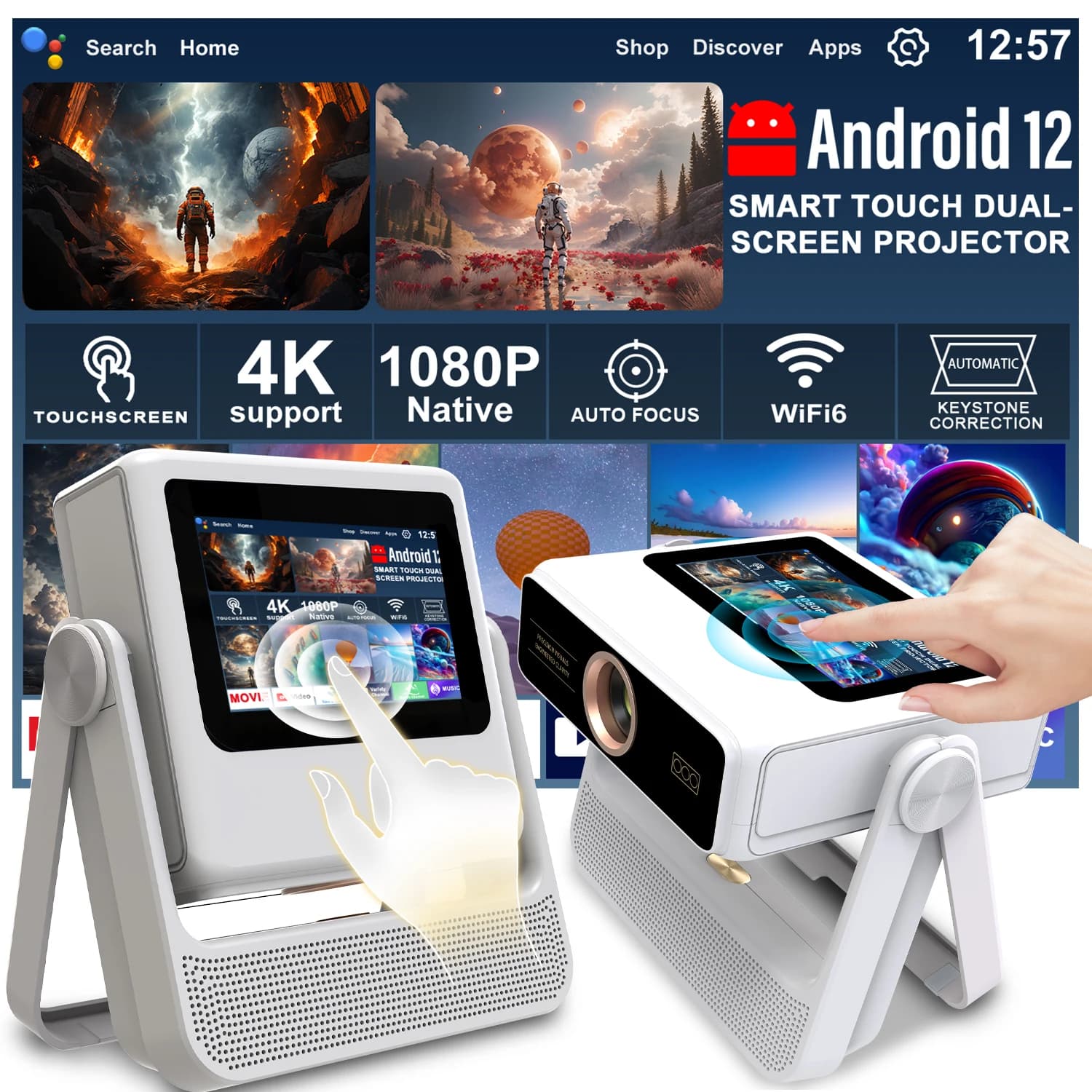 3 in 1 Smart Projector Tablet Speaker 7" 1080P UHD Auto Keystone 180° Rotate WiFi BT Outdoor Movie