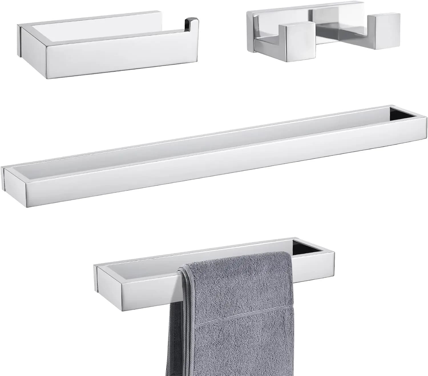 Set di accessori per il bagno in cromo da 4 pezzi: portasciugamani, portaoggetti, porta carta igienica e gancio - Acciaio inossidabile