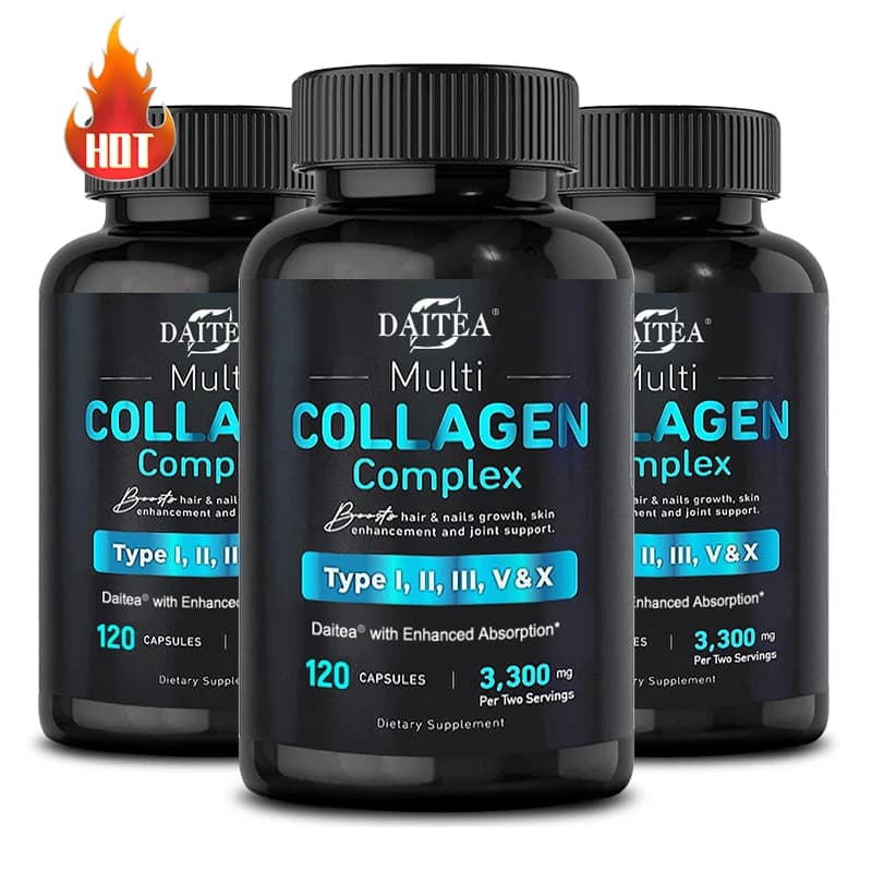 Multiple collagen peptide soft capsules - Types I, II, III, V, X, suitable for unisex, skin supports, hair, nails and joints, not GMO