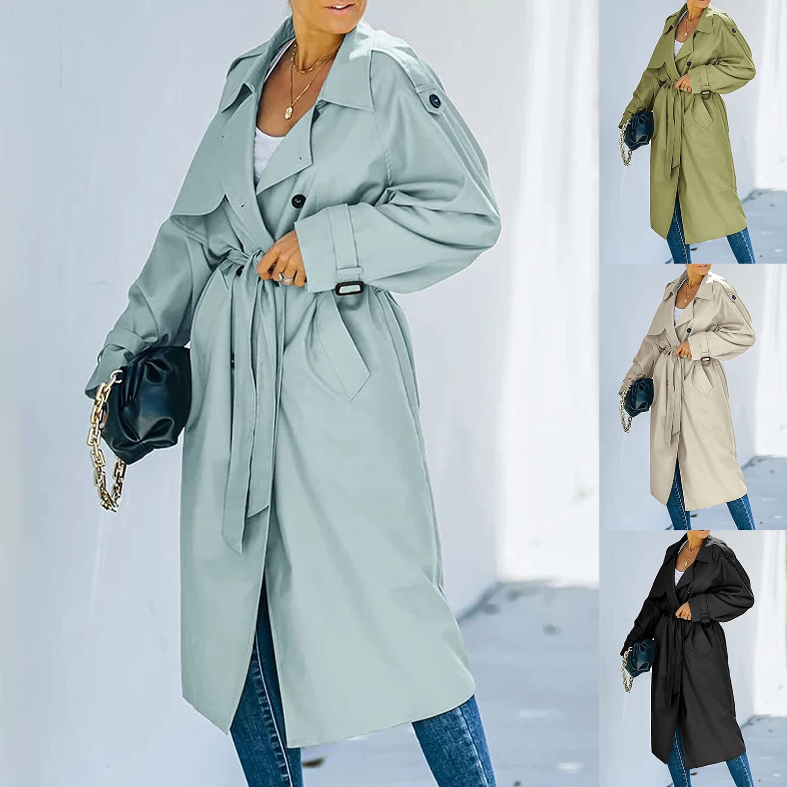 Women's long double-breasted trench, classic windproof coat with long sleeves with twist and belt