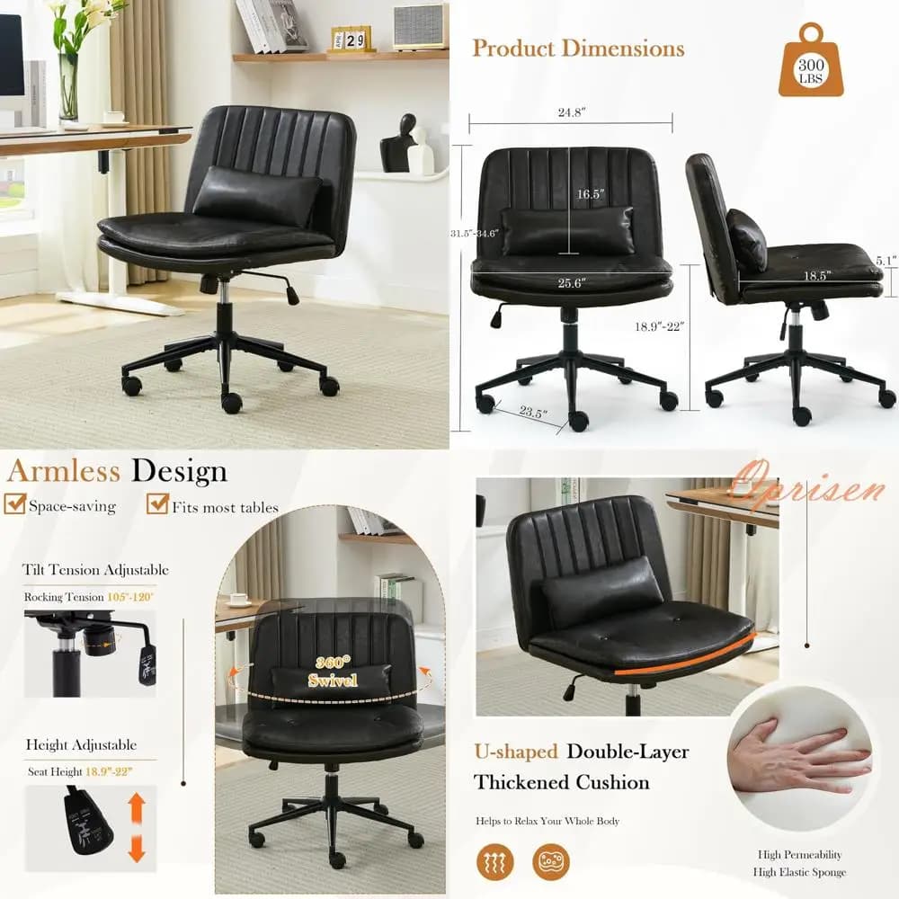 Cross chair with wheels, comfortable cushion thickened without armrests Office chair with crossed legs and wide seat with cushion, adjustable swivel