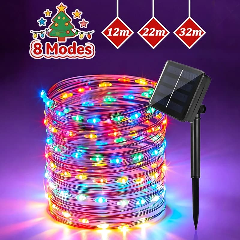 Solar Powered Christmas LED String Lights 8 Modes Twinkle Waterproof Outdoor Fairy Garland for Garden Tree Yard Party Decoration