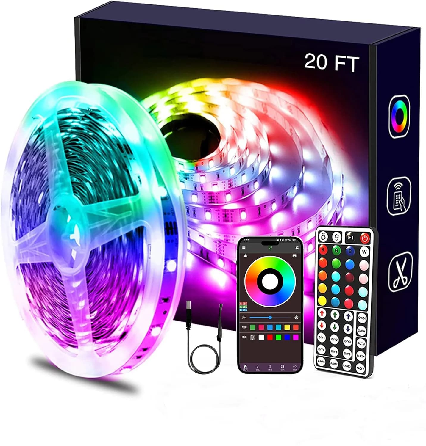 Strisce LED Intelligenti 1m-20m con Sincronizzazione Musicale, Luce LED RGB 5V con App e Telecomando, Illuminazione Decorativa per Feste Natalizie e Arredamento Stanze