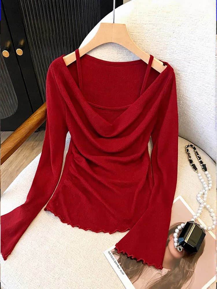 Top Sexy Long Sleeves With Sweatshirts Discovered, Two Pieces Effect, Elegant Luxury Basic T-shirts, Women's Shirts and Blouses in Korean Style