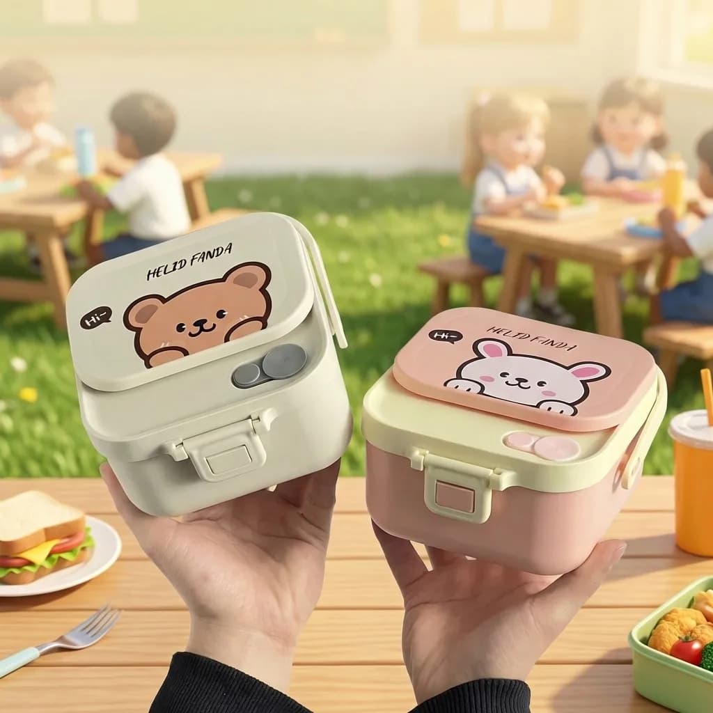 304 Stainless Steel Square Bento Dining Container with Cutlery and Handle, Portable, with cartoon design, for fruit, salad and food, for children and students