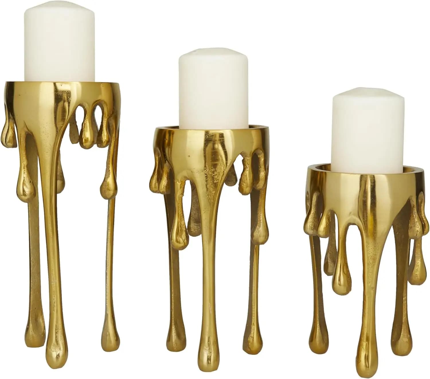 Set di 3 Portacandele in Alluminio Dorato con Design Astratto a Goccia, per Arredamento Casa, Misure 12\", 10\", 8\"
