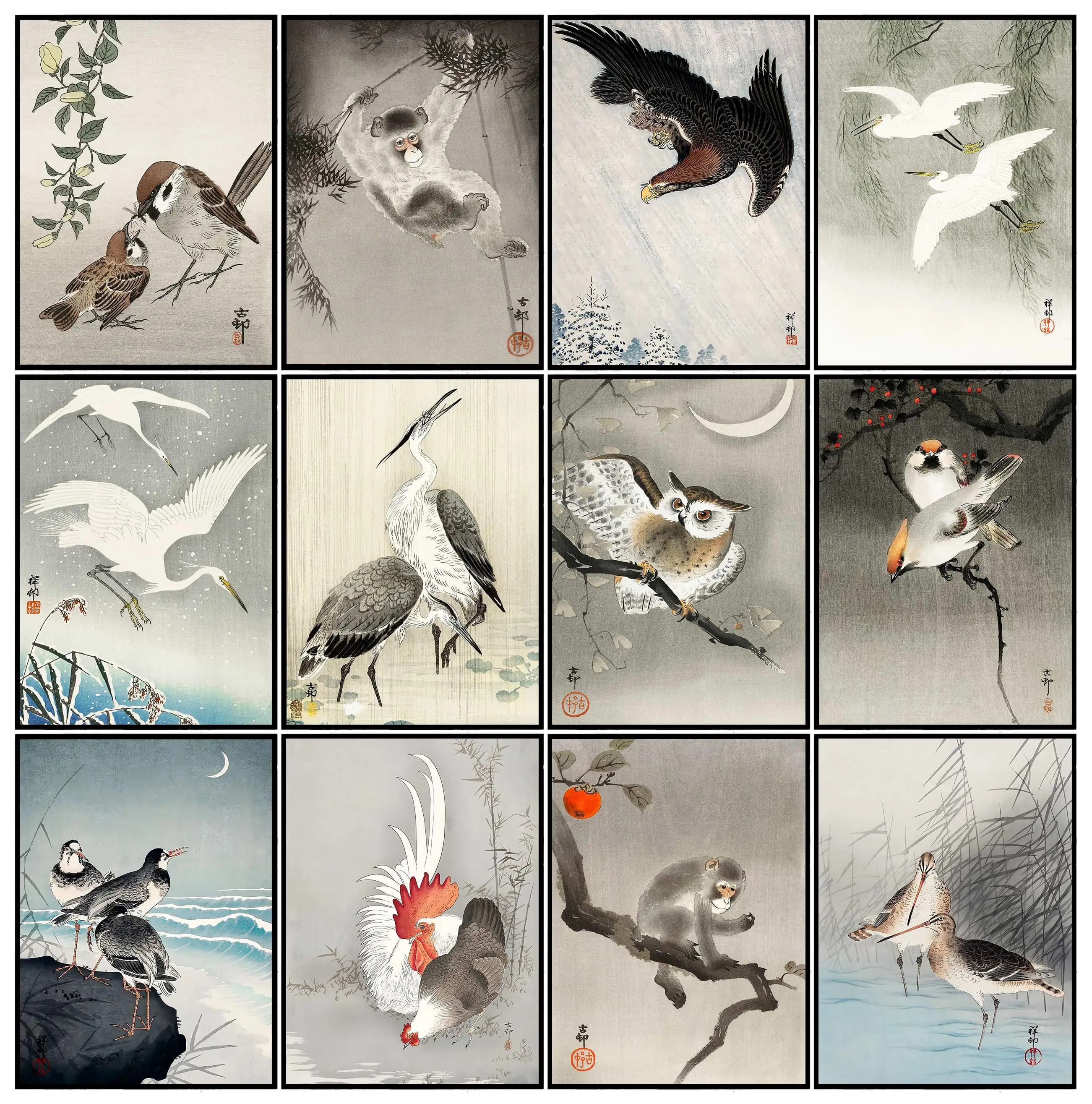 Retro Japanese Art Owl Flower Bird Minimalist Abstract Posters Prints Canvas Painting Wall Art Picture Living Room Home Decor