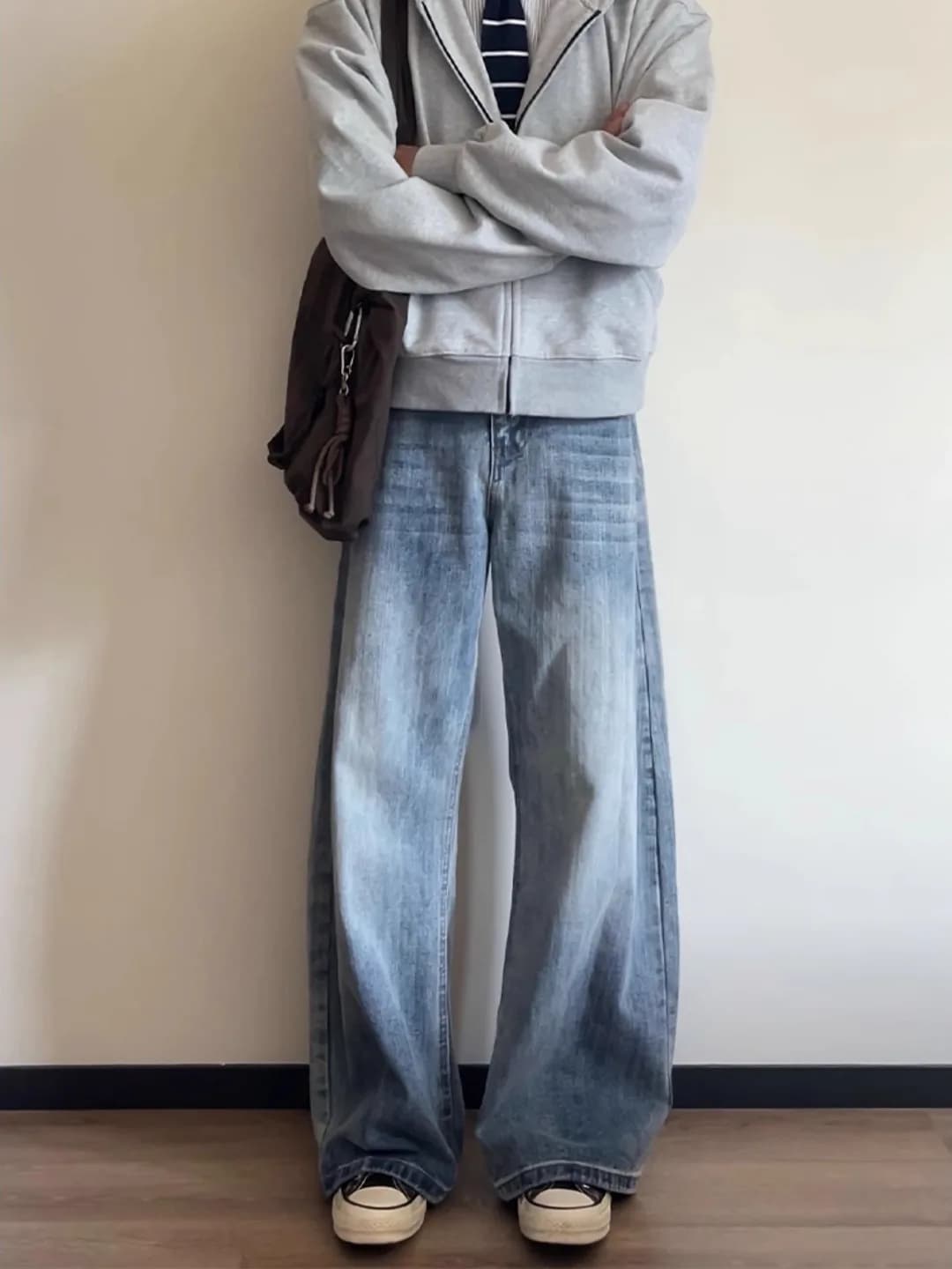 Cleanfit Bamboo Node Pattern Wide Leg Jeans Men's Autumn Bell Bot American High Street Light Blue Casual Youth Jeans
